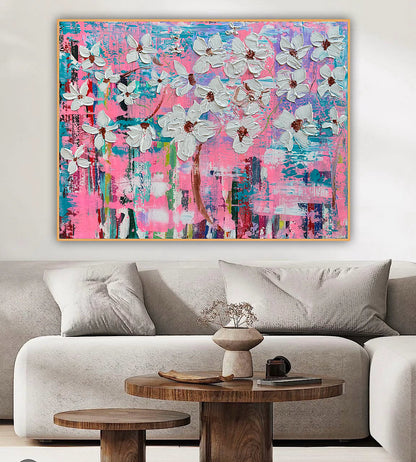 Large Abstract Original Oil Painting On 100x77cm canvas ‘White Flowers ’ vogue oka