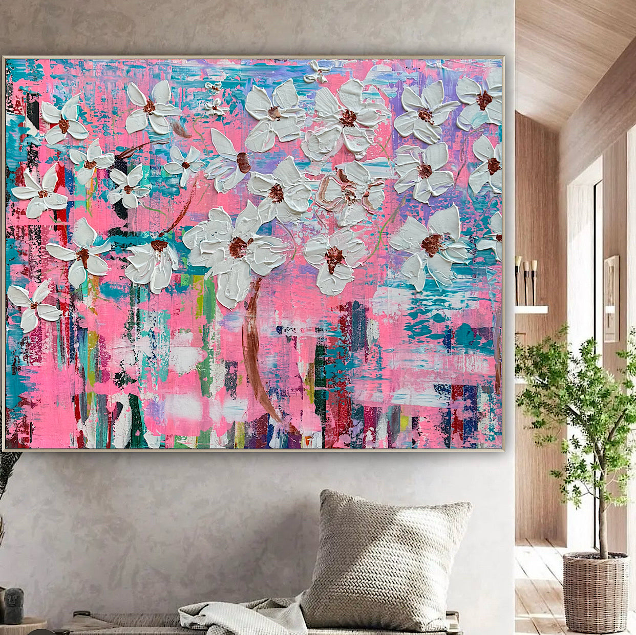 Large Abstract Original Oil Painting On 100x77cm canvas ‘White Flowers ’ vogue oka