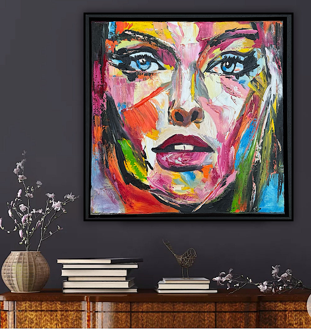 Framed in black frame Original Abstract contemporary Oil Painting On Canvas 54 x 54cm Wild Muse woman portrait
