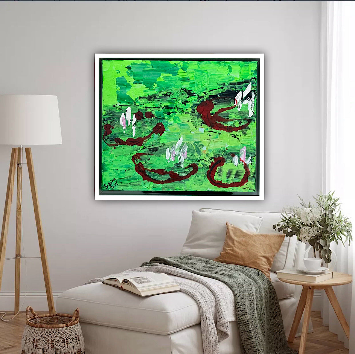 Framed Original Abstract contemporary Oil Painting On Canvas 36 x 33cm  Lily Pond oka