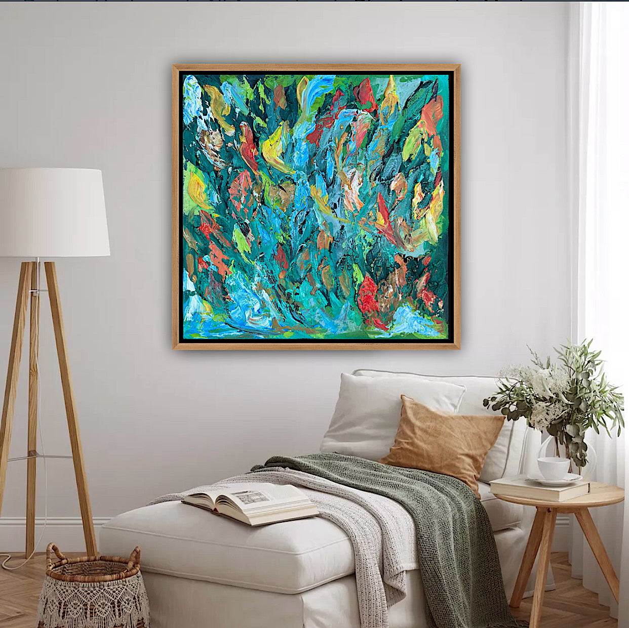 Framed in oak Original Abstract contemporary Oil Painting On Canvas 55x55cm Velvet Tides textured Oka