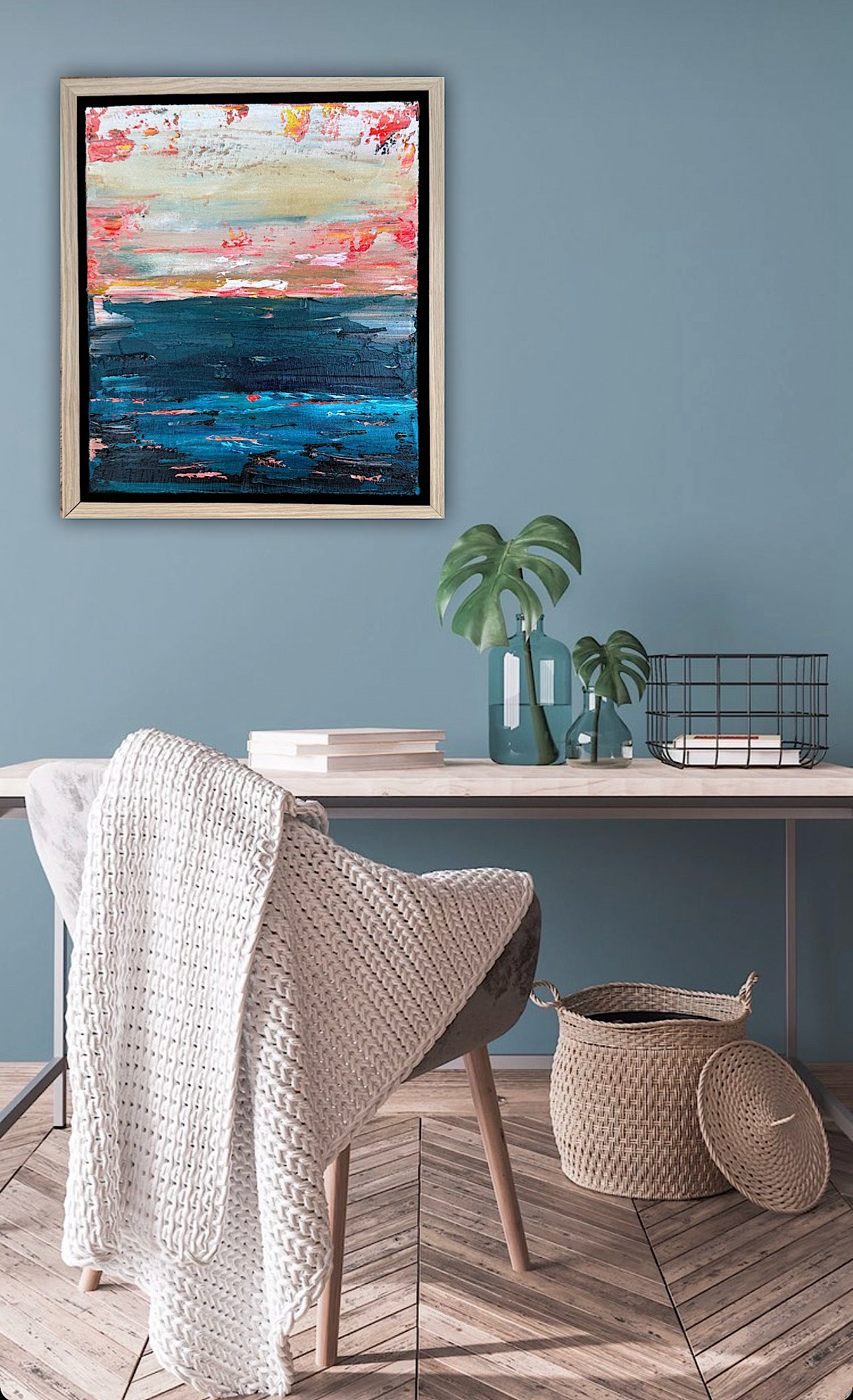 Framed in oak Original Abstract contemporary Oil Painting On Canvas 38x33cm  textured Oka Elysian Waters