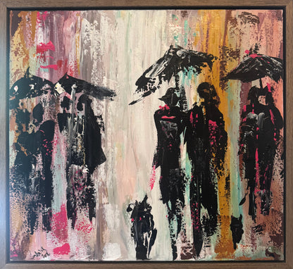 Original Abstract contemporary Oil Painting On Canvas 64cm x 60cm London in the Rain Framed in dark oak