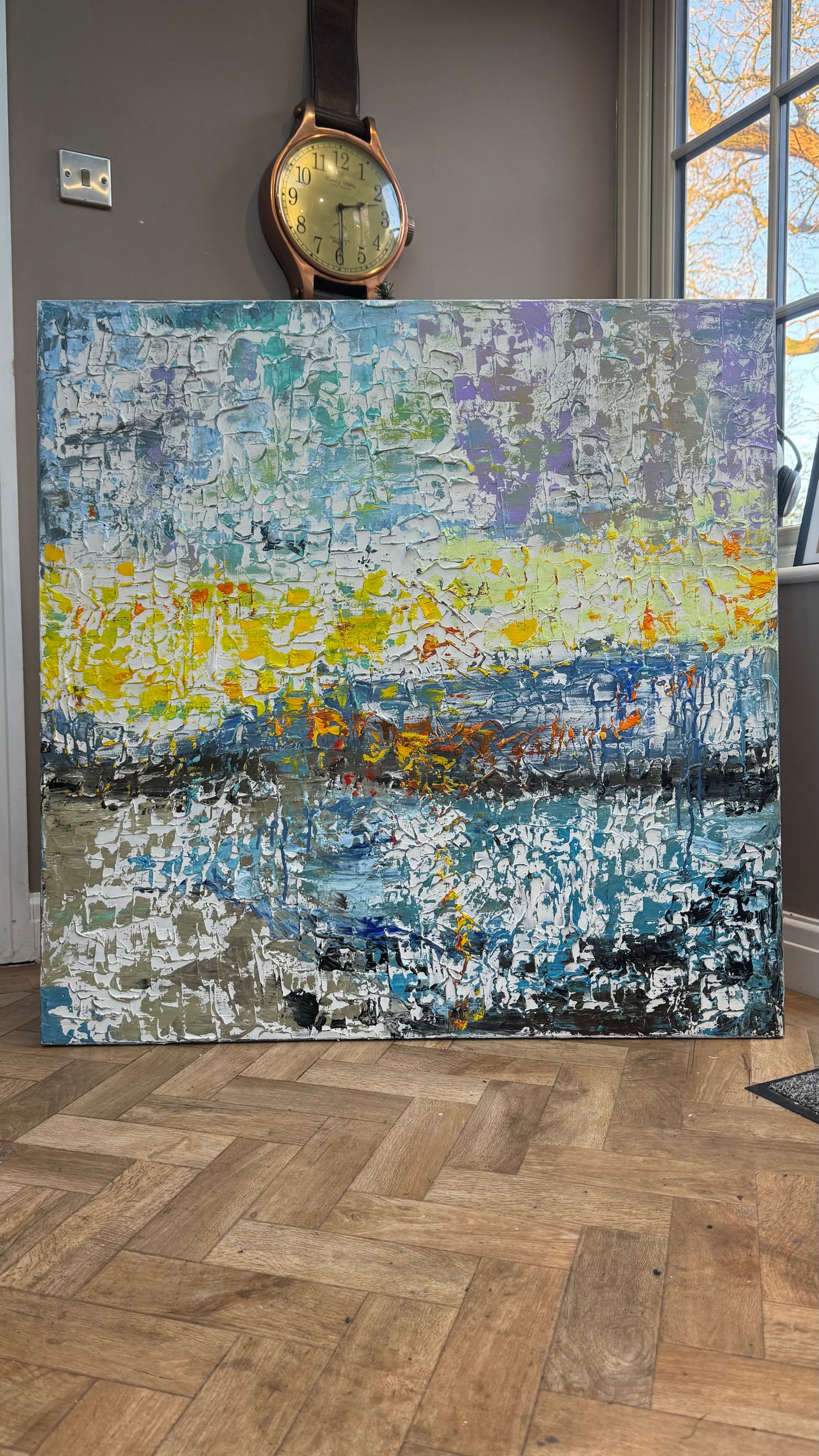 Original Abstract Oil Painting On Canvas Textured 100x100cm  Tides of Radiance (seaside)