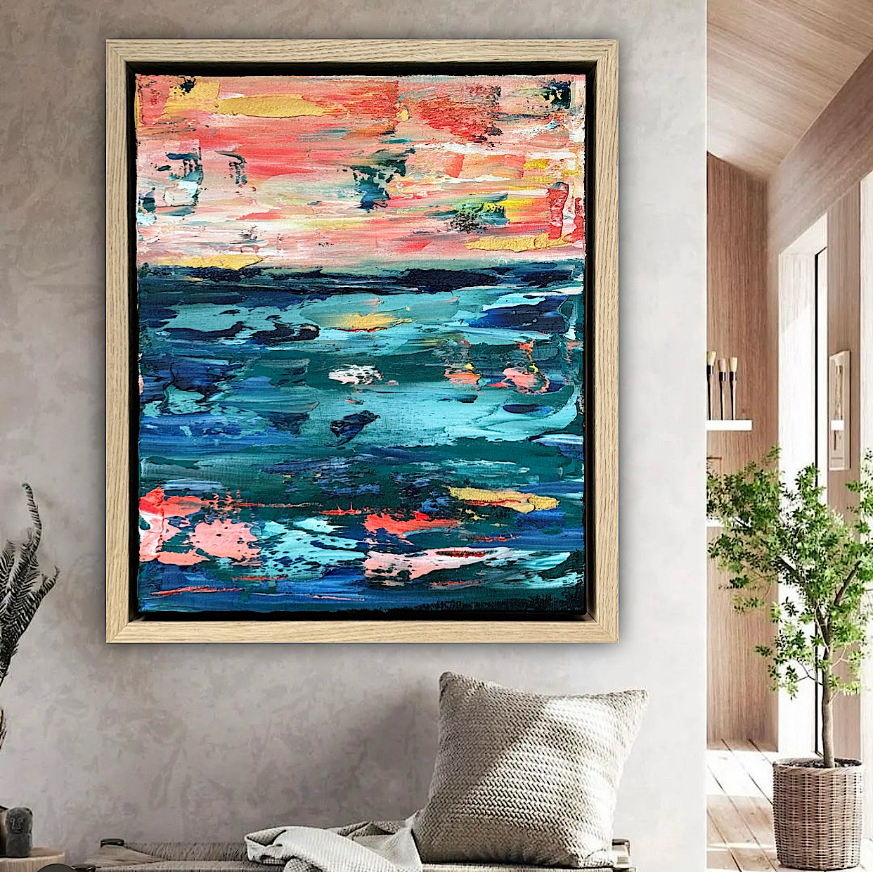 Framed in oak Original Abstract contemporary Oil Painting On Canvas 40x35cm  textured Oka Azure Ember