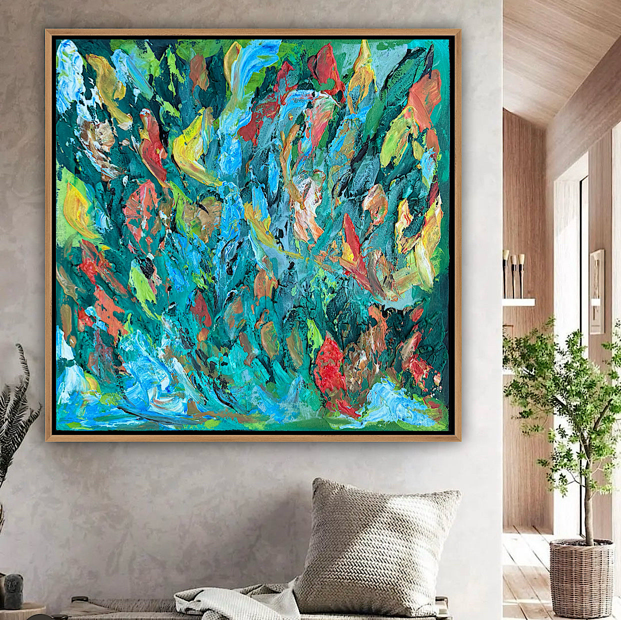 Framed in oak Original Abstract contemporary Oil Painting On Canvas 55x55cm Velvet Tides textured Oka