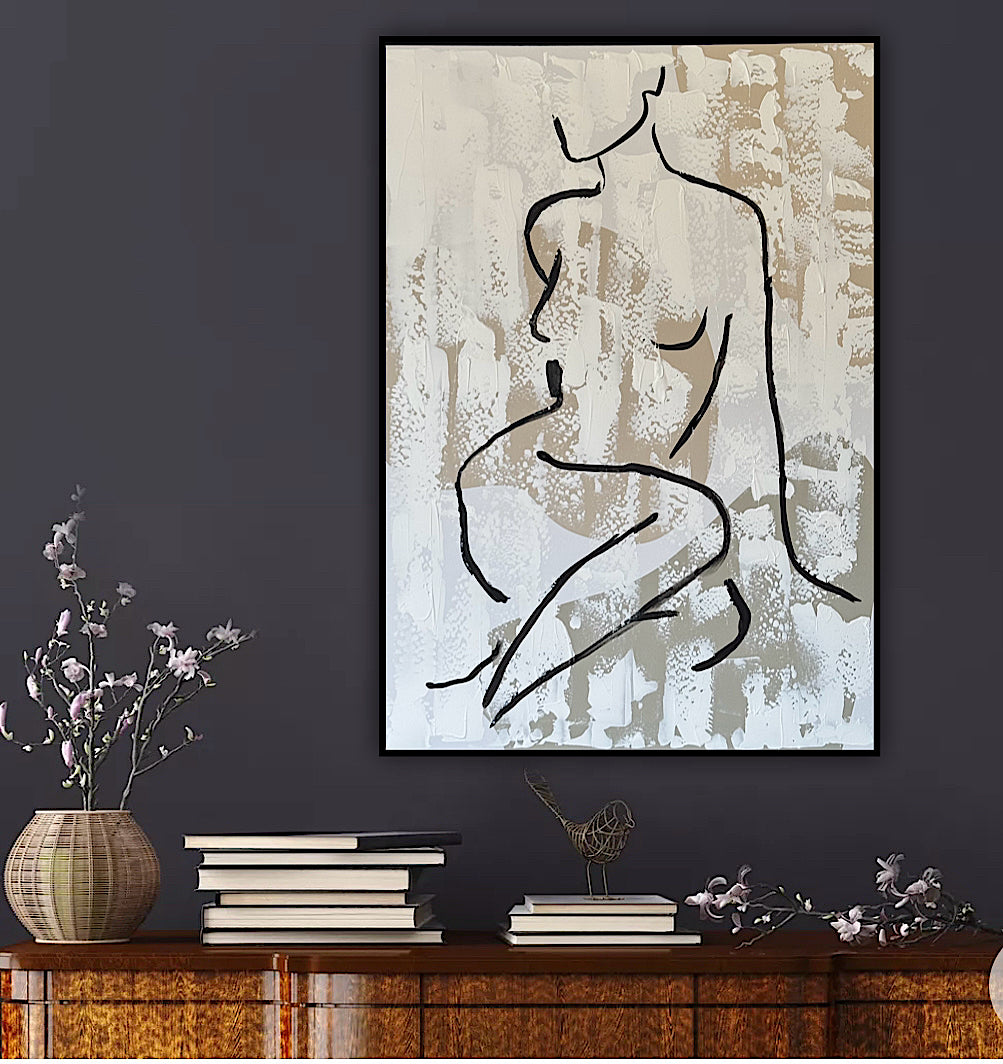 Framed in black Original Abstract contemporary Oil Painting On Canvas 70x50cm Nude textured Oka
