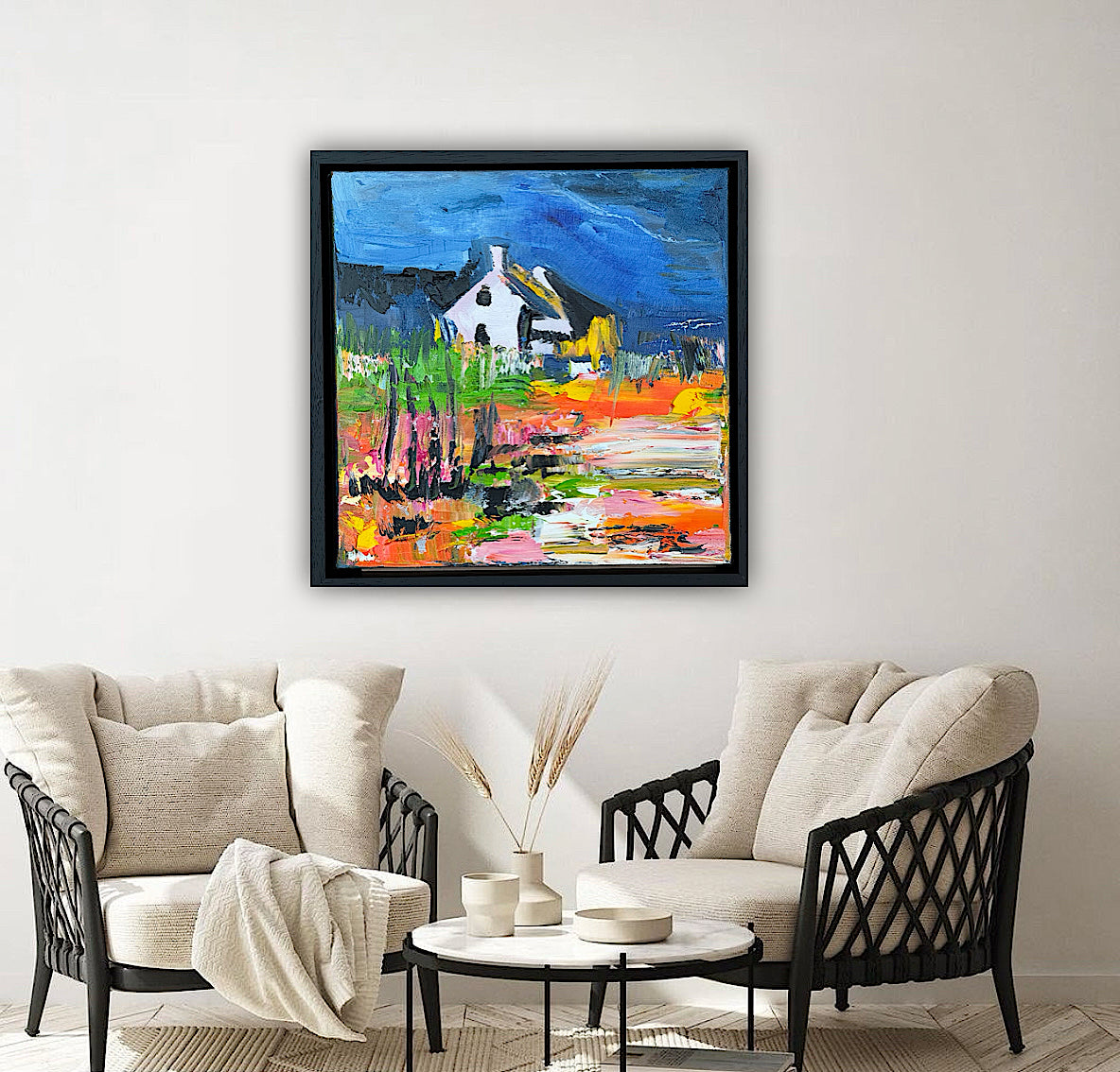 Framed in black frame Original Abstract contemporary Oil Painting On Canvas 32 x 32cm Irish cottage
