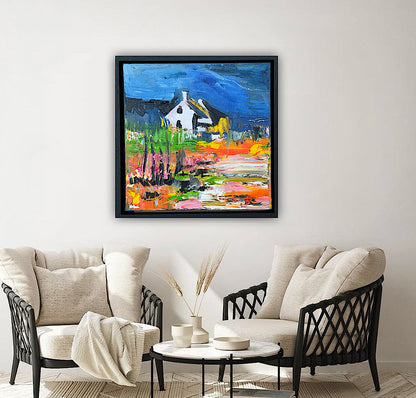 Framed in black frame Original Abstract contemporary Oil Painting On Canvas 32 x 32cm Irish cottage