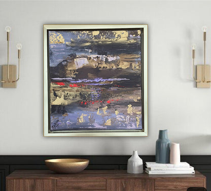 Framed Original Abstract contemporary Oil Painting On Canvas 35x35cm Sunset at lakes Oka