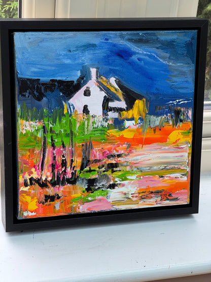 Framed in black frame Original Abstract contemporary Oil Painting On Canvas 32 x 32cm Irish cottage