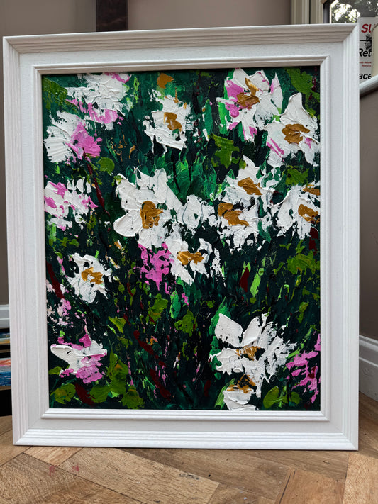 Original Abstract Oil Painting On Canvas framed 60 x 50cm garden white flowers I Oka