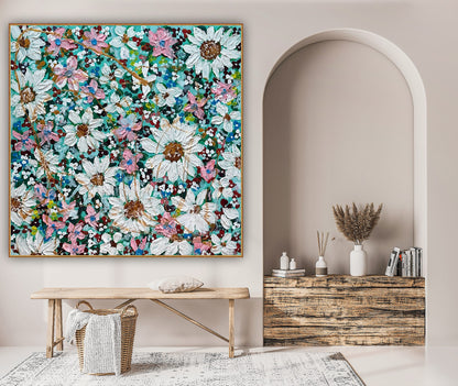 Original Abstract Oil Painting On deep edge Canvas 100x100cm Daisies & more Flowers Textured