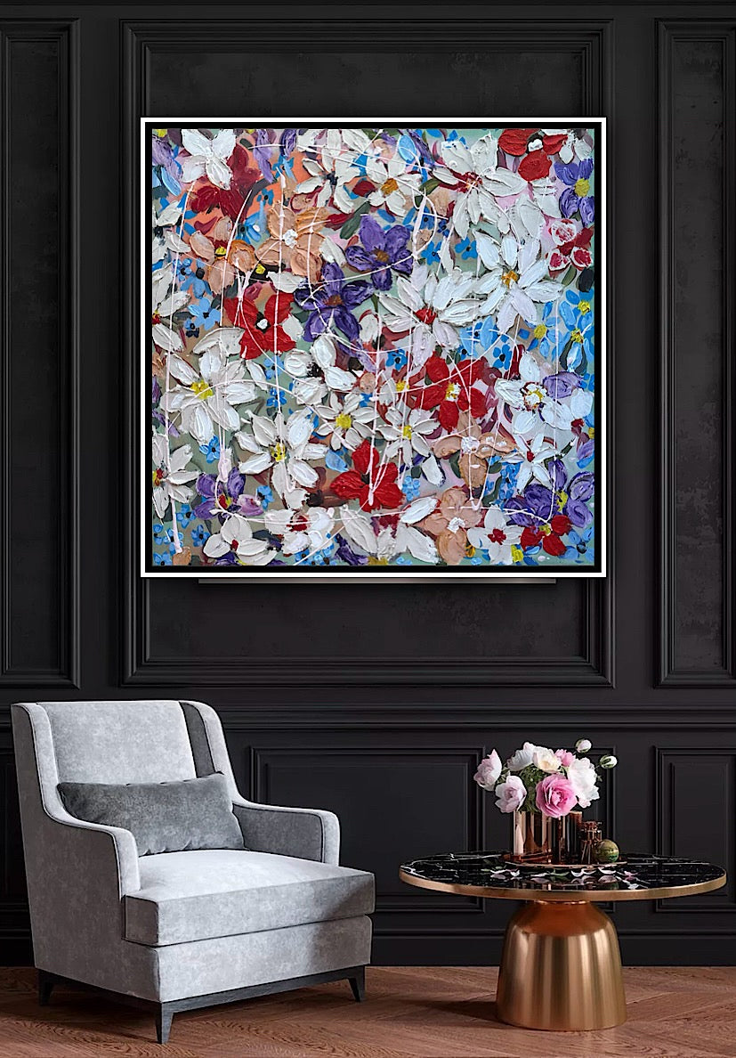 Framed Original Abstract Oil Painting On Canvas 80x80cm Roses & more Flowers Textured