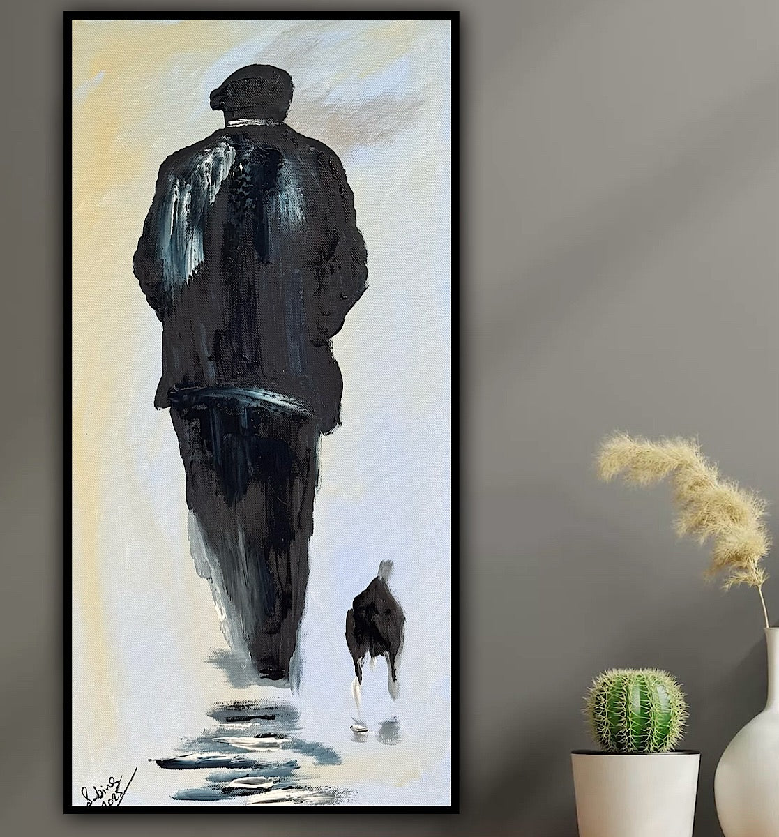 Oka Contemporary Abstract Original Oil Painting 30cm x 60cm textured Pals man with a dog