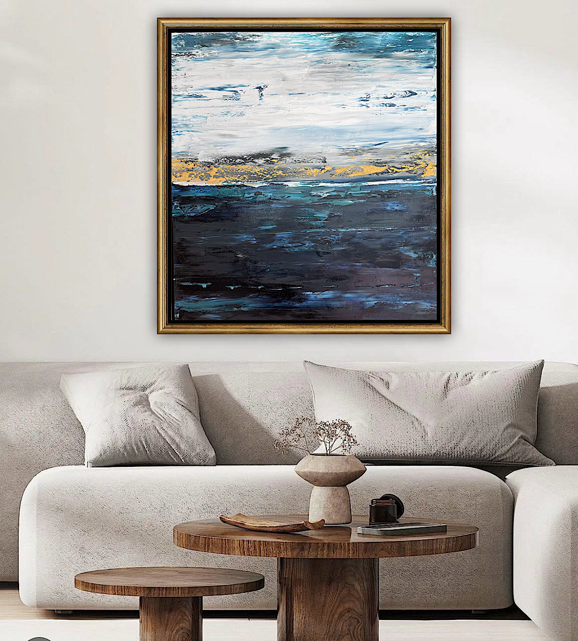 Framed in gold oak frame Original Abstract contemporary Oil Painting On Canvas 77x70cm  textured Oka Coastal Line