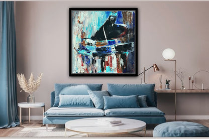 Framed in black Textured Original Abstract Oil Painting On Canvas 55x55cm Black Grand Piano