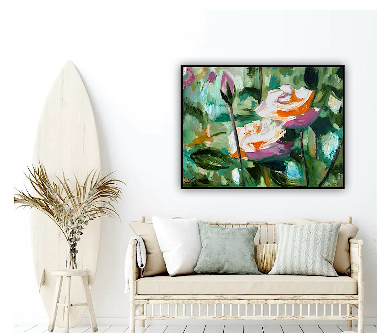 Renoir Summer white Roses Original abstract Oil Painting On Canvas 60x46cm