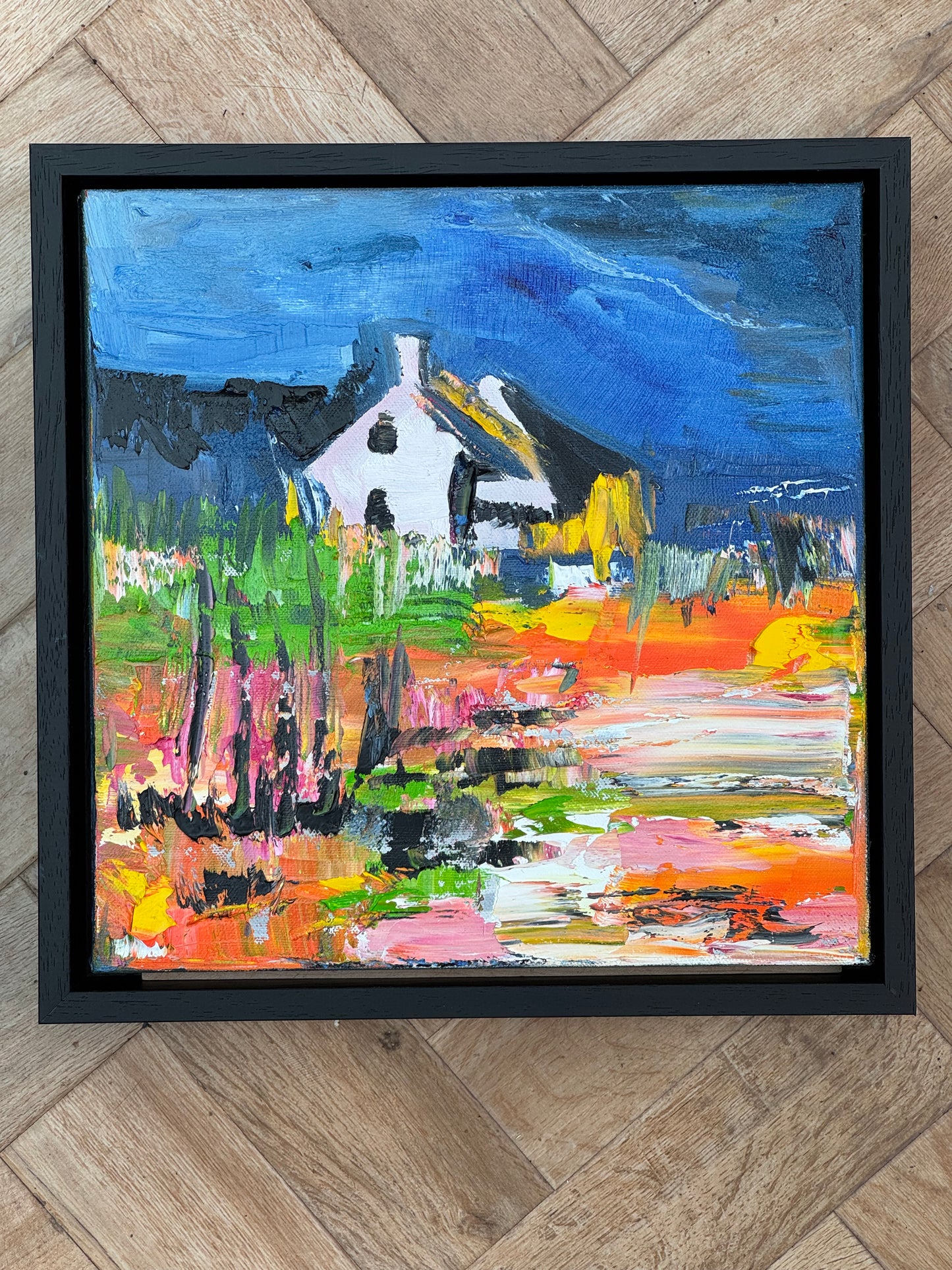 Framed in black frame Original Abstract contemporary Oil Painting On Canvas 32 x 32cm Irish cottage