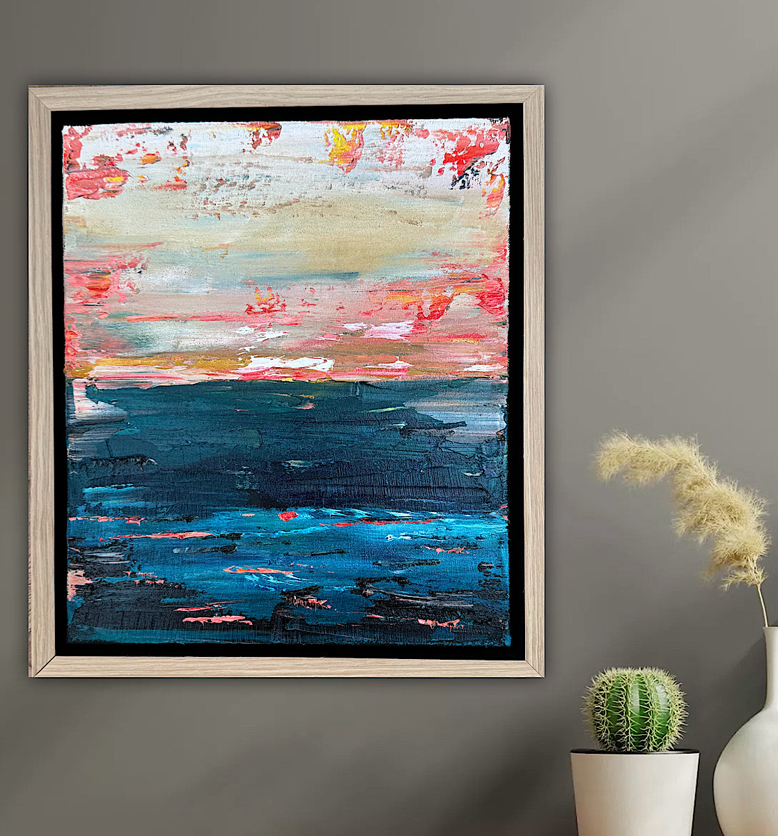 Framed in oak Original Abstract contemporary Oil Painting On Canvas 38x33cm  textured Oka Elysian Waters