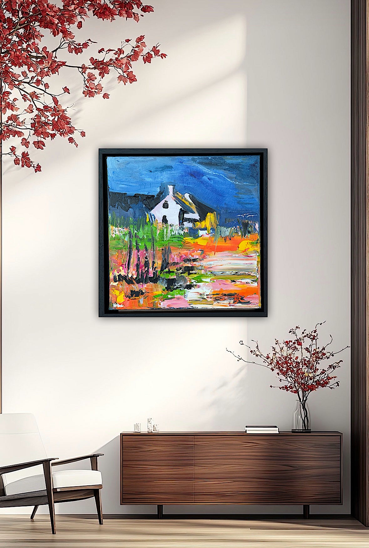 Framed in black frame Original Abstract contemporary Oil Painting On Canvas 32 x 32cm Irish cottage