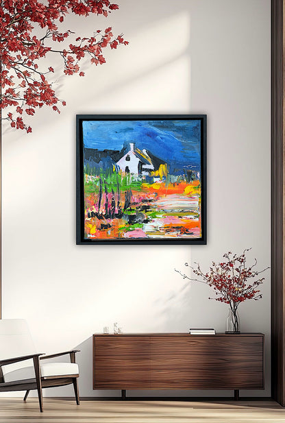Framed in black frame Original Abstract contemporary Oil Painting On Canvas 32 x 32cm Irish cottage