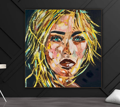 Contemporary Abstract Original Oil Painting On Canvas 80x80cm  Blond girl ‘Luna’ woman’s portrait