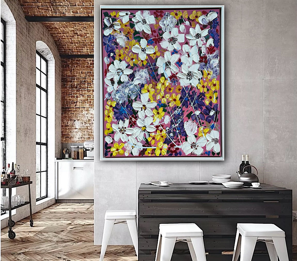 Framed Original Abstract Oil Painting On Canvas 80 x 65cm white flowers in bloom textured framed