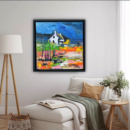 Framed in black frame Original Abstract contemporary Oil Painting On Canvas 32 x 32cm Irish cottage