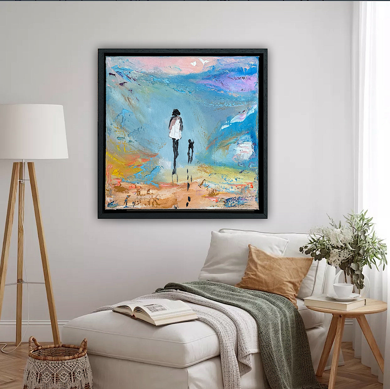 Framed in black frame Original Abstract contemporary Oil Painting On Canvas 35x35cm Woman and a dog ‘Little steps ‘