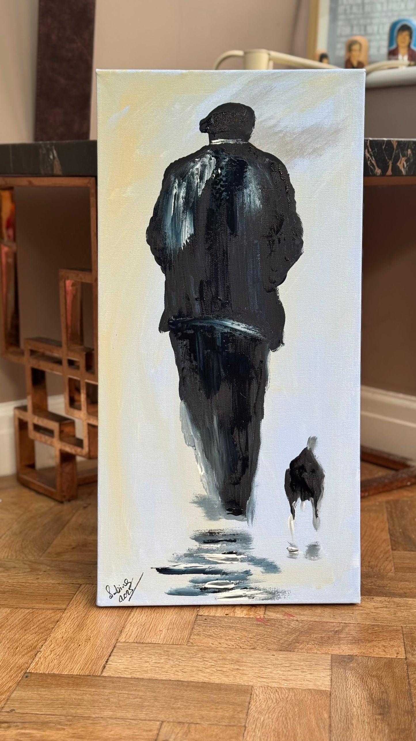 Oka Contemporary Abstract Original Oil Painting 30cm x 60cm textured Pals man with a dog