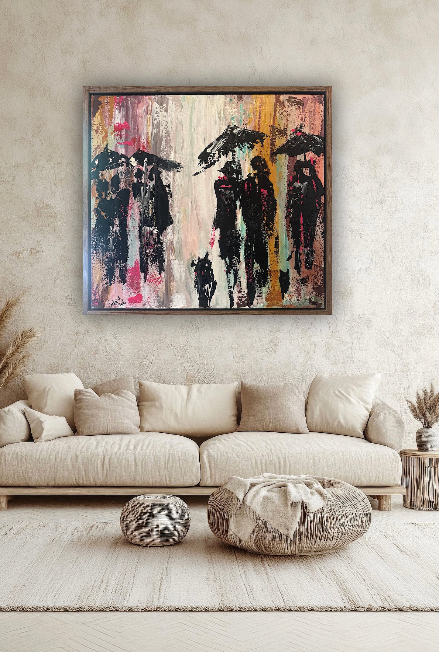 Original Abstract contemporary Oil Painting On Canvas 64cm x 60cm London in the Rain Framed in dark oak