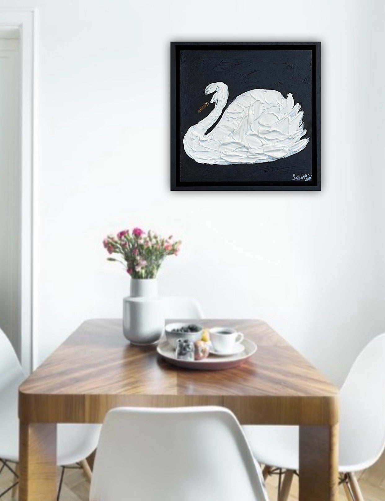Framed Original Abstract contemporary Oil Painting On Canvas 30x30cm Swan Nocturne oka