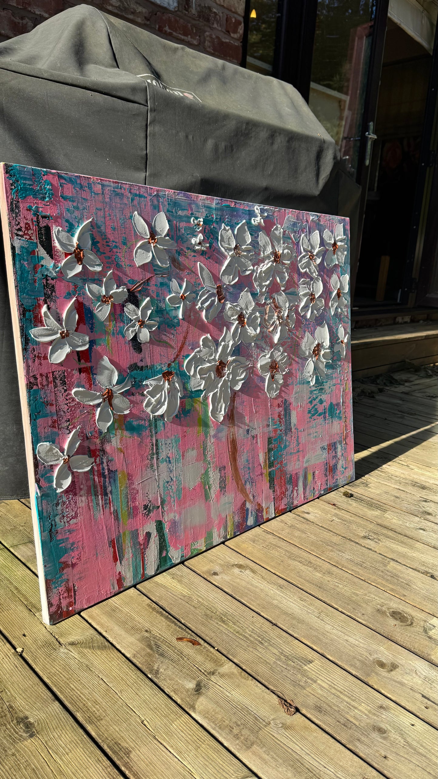 Large Abstract Original Oil Painting On 100x77cm canvas ‘White Flowers ’ vogue oka