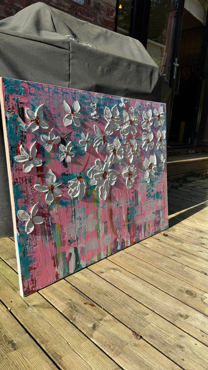 Large Abstract Original Oil Painting On 100x77cm canvas ‘White Flowers ’ vogue oka