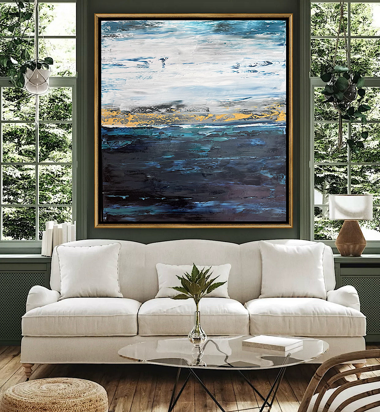 Framed in gold oak frame Original Abstract contemporary Oil Painting On Canvas 77x70cm  textured Oka Coastal Line
