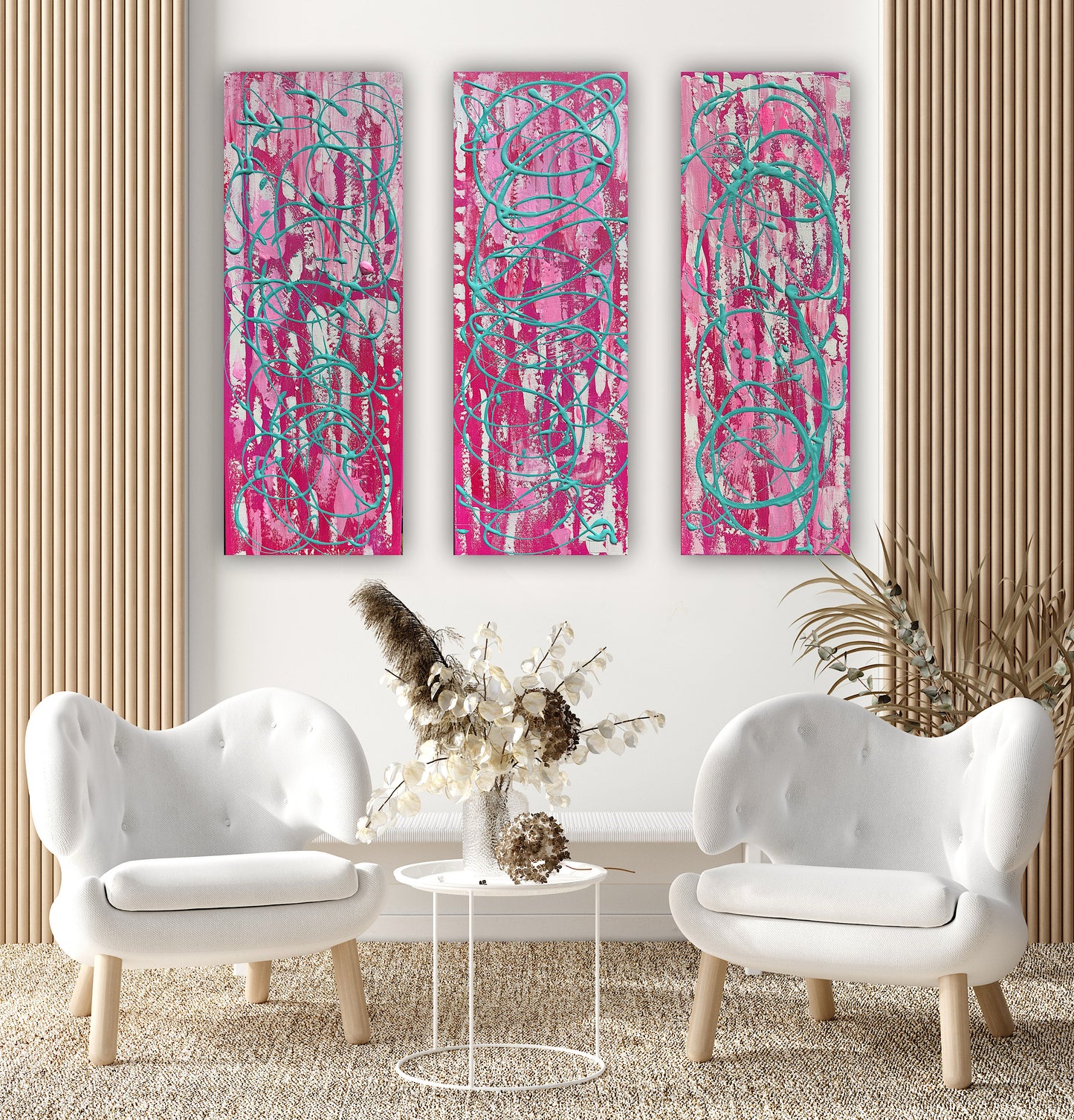 Oka set of 3 Modern Abstract Original Oil Paintings On Canvas ‘’Japan blossom’ 80 x 90 cm overall