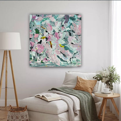 Large Abstract Original Oil Painting On 50x50cm canvas textured Painting ‘Pink Fusion’ Oka framed in solid oak frame