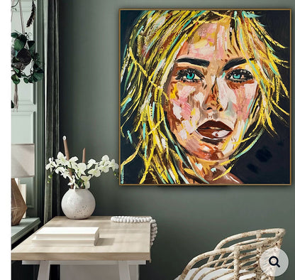 Contemporary Abstract Original Oil Painting On Canvas 80x80cm  Blond girl ‘Luna’ woman’s portrait