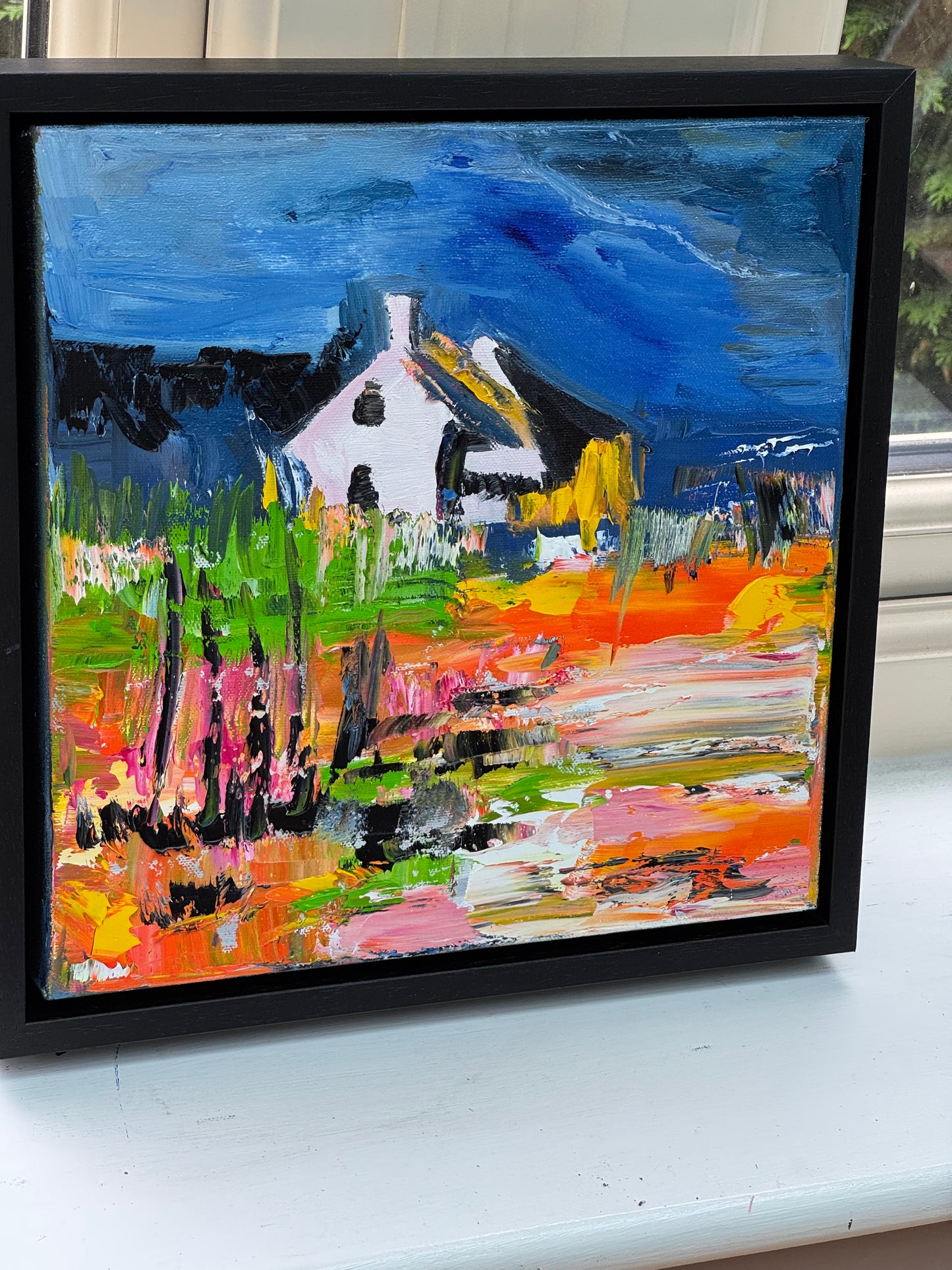 Framed in black frame Original Abstract contemporary Oil Painting On Canvas 32 x 32cm Irish cottage