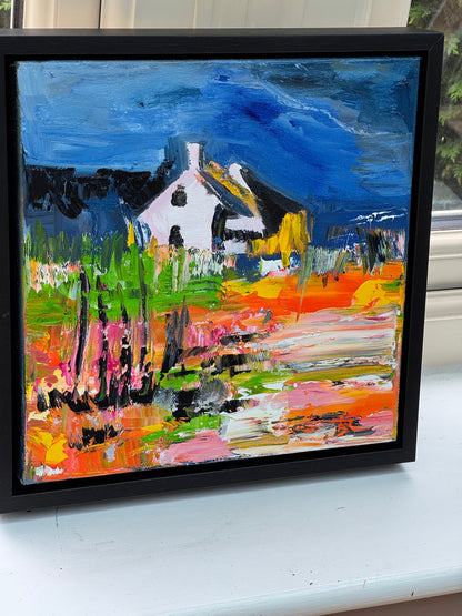 Framed in black frame Original Abstract contemporary Oil Painting On Canvas 32 x 32cm Irish cottage