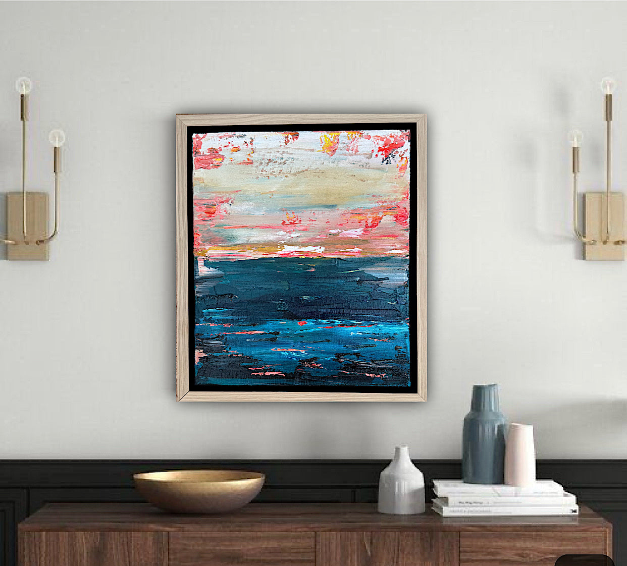 Framed in oak Original Abstract contemporary Oil Painting On Canvas 38x33cm  textured Oka Elysian Waters