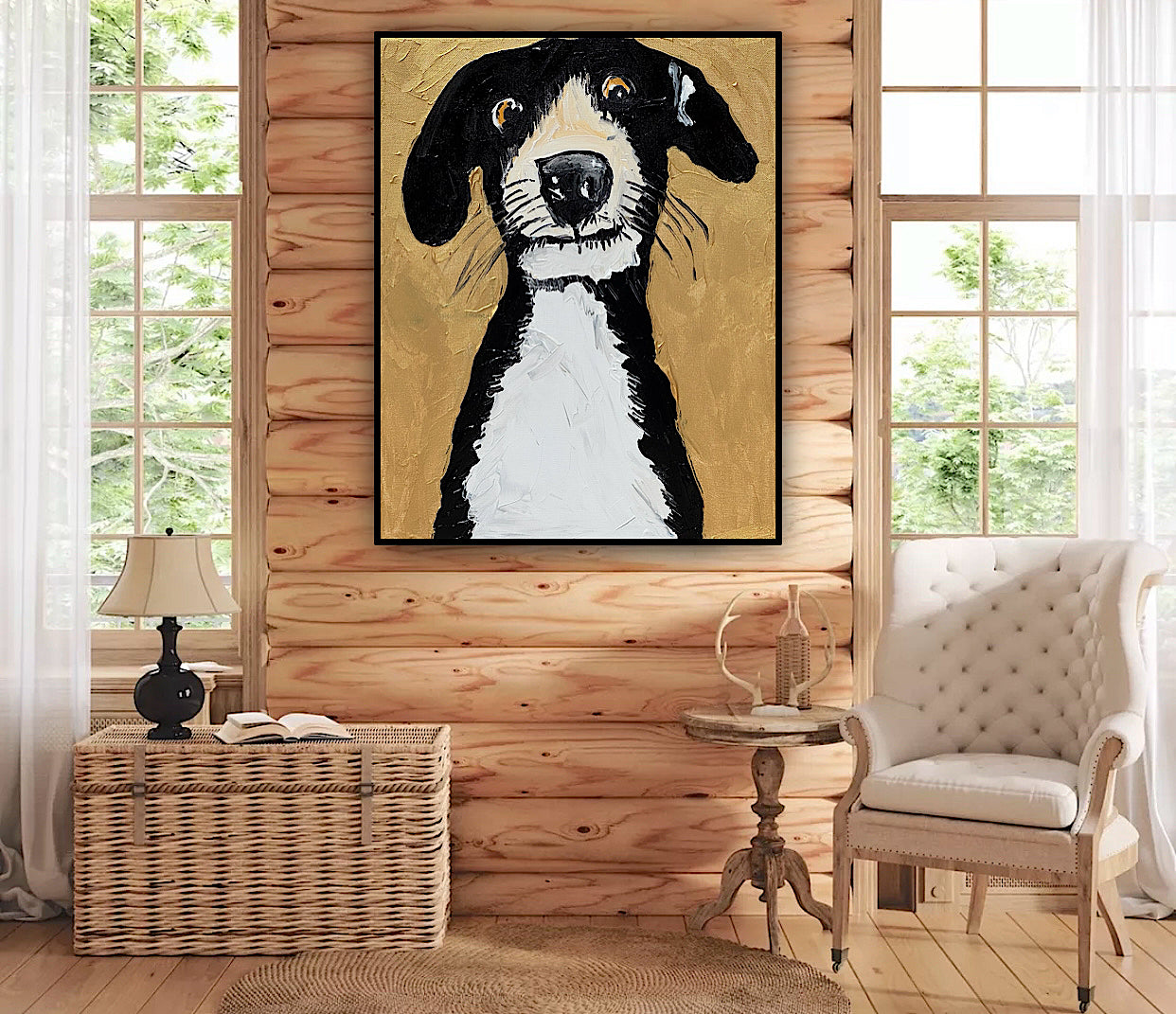 Original Abstract Oil Painting On 50 x 40cm Canvas Gold Background ‘Protector’ Dog