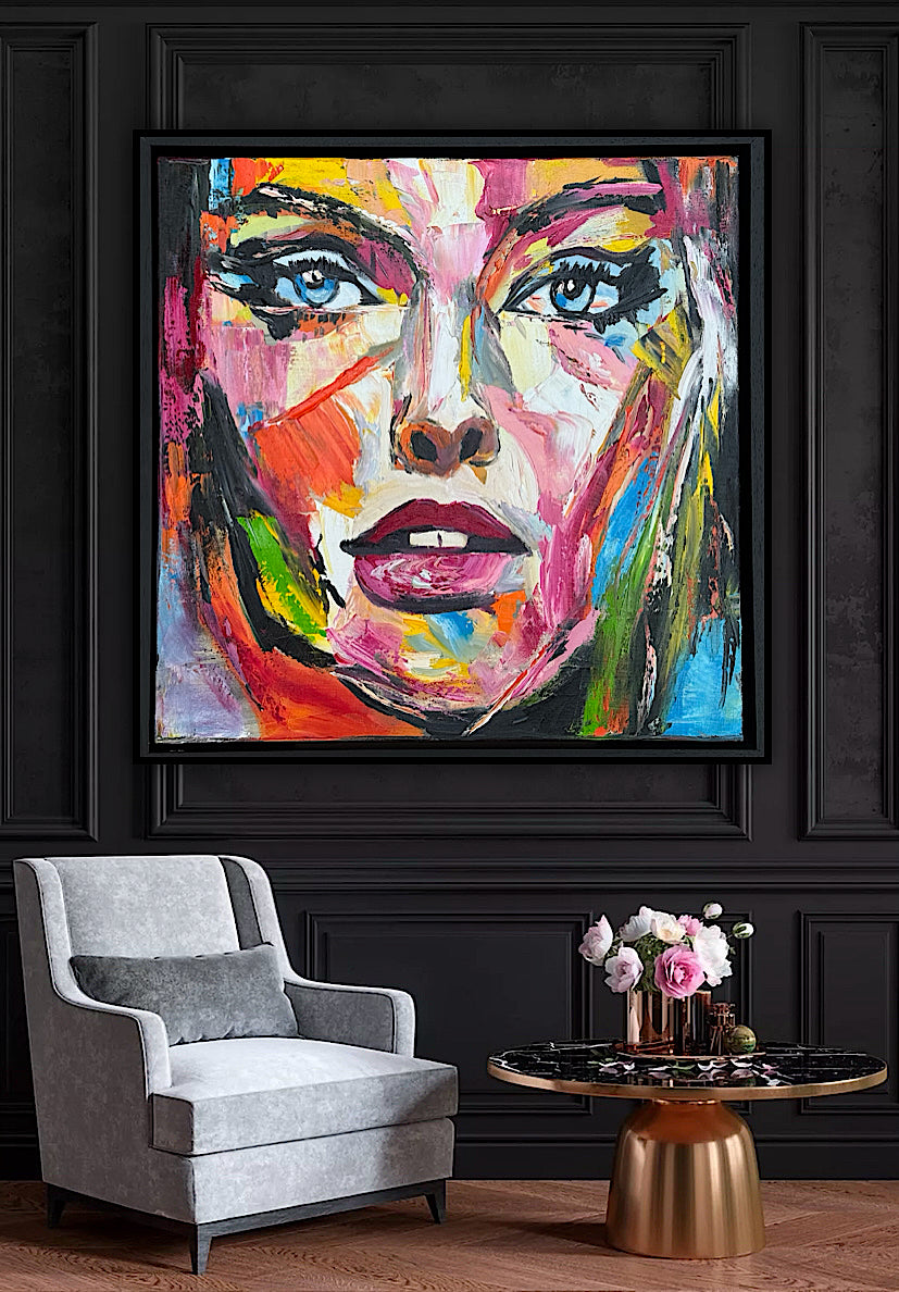 Framed in black frame Original Abstract contemporary Oil Painting On Canvas 54 x 54cm Wild Muse woman portrait
