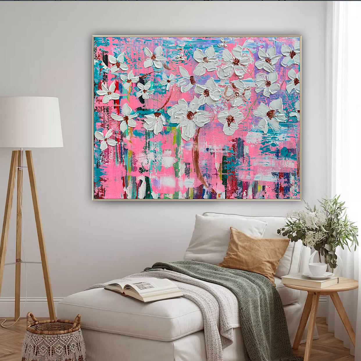 Large Abstract Original Oil Painting On 100x77cm canvas ‘White Flowers ’ vogue oka