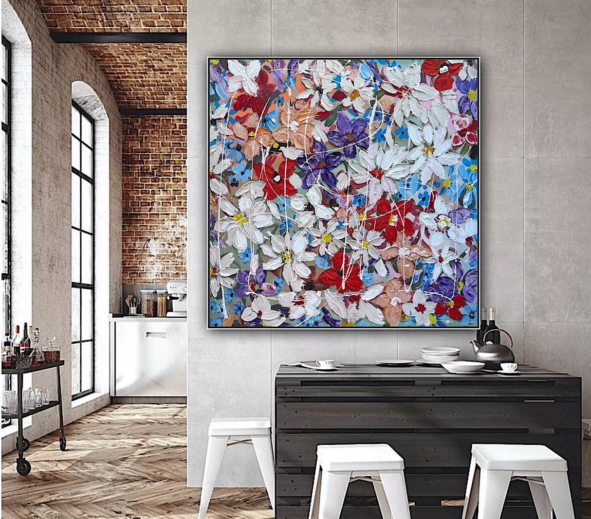 Framed Original Abstract Oil Painting On Canvas 80x80cm Roses & more Flowers Textured