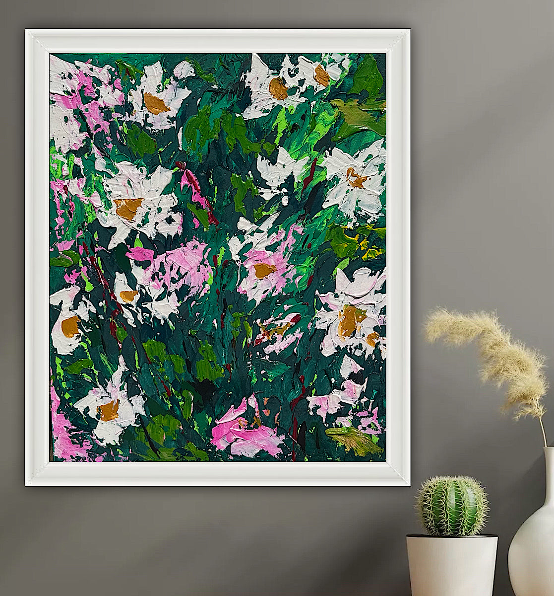 Original Abstract Oil Painting On Canvas board 60 x 50cm garden white flowers II Oka