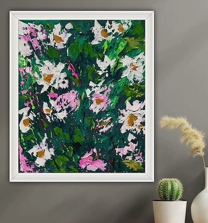 Original Abstract Oil Painting On Canvas board 60 x 50cm garden white flowers II Oka