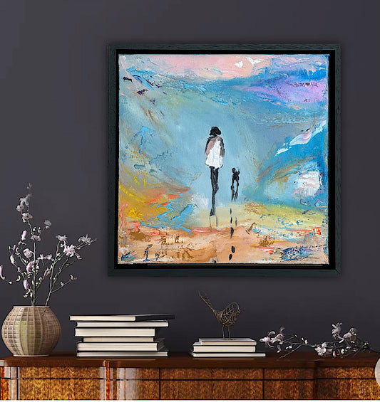Framed in black frame Original Abstract contemporary Oil Painting On Canvas 35x35cm Woman and a dog ‘Little steps ‘