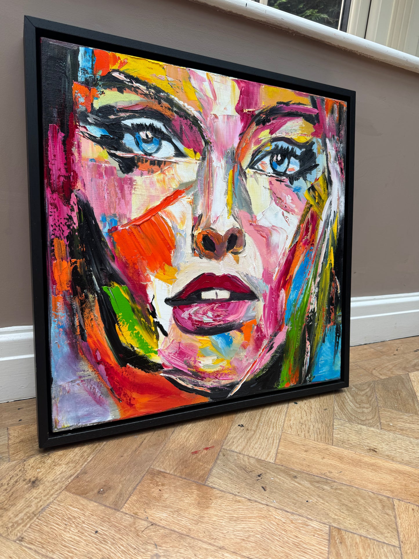 Framed in black frame Original Abstract contemporary Oil Painting On Canvas 54 x 54cm Wild Muse woman portrait